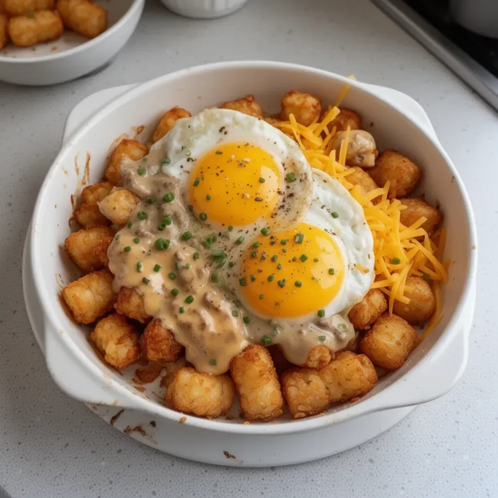 Delicious Tater Tot Breakfast Bowl topped with eggs and cheese