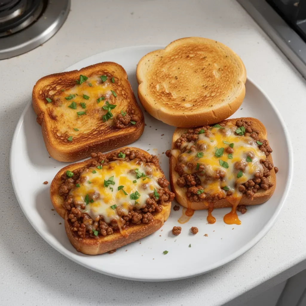 Texas Toast Sloppy Joes served on a plate with toppings and sides.