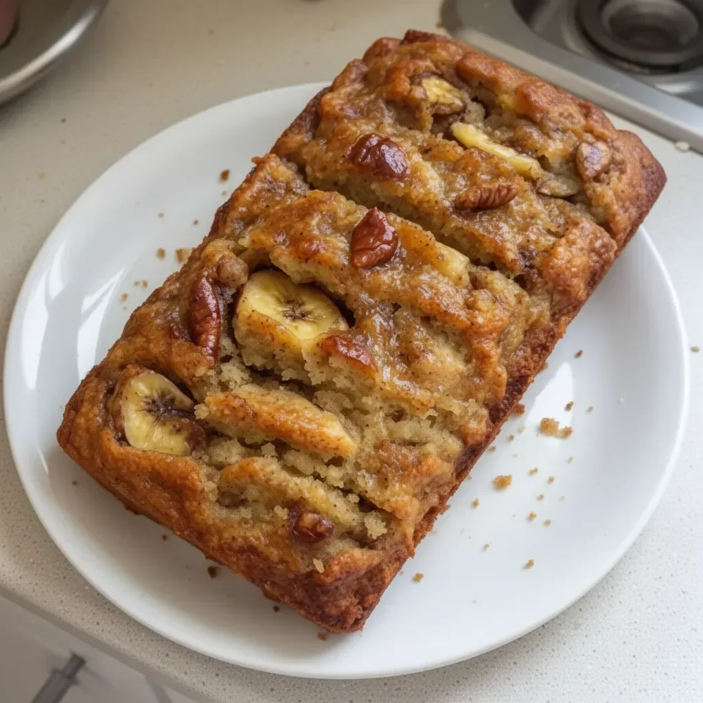 A delicious loaf of homemade banana bread with walnuts and a golden crust