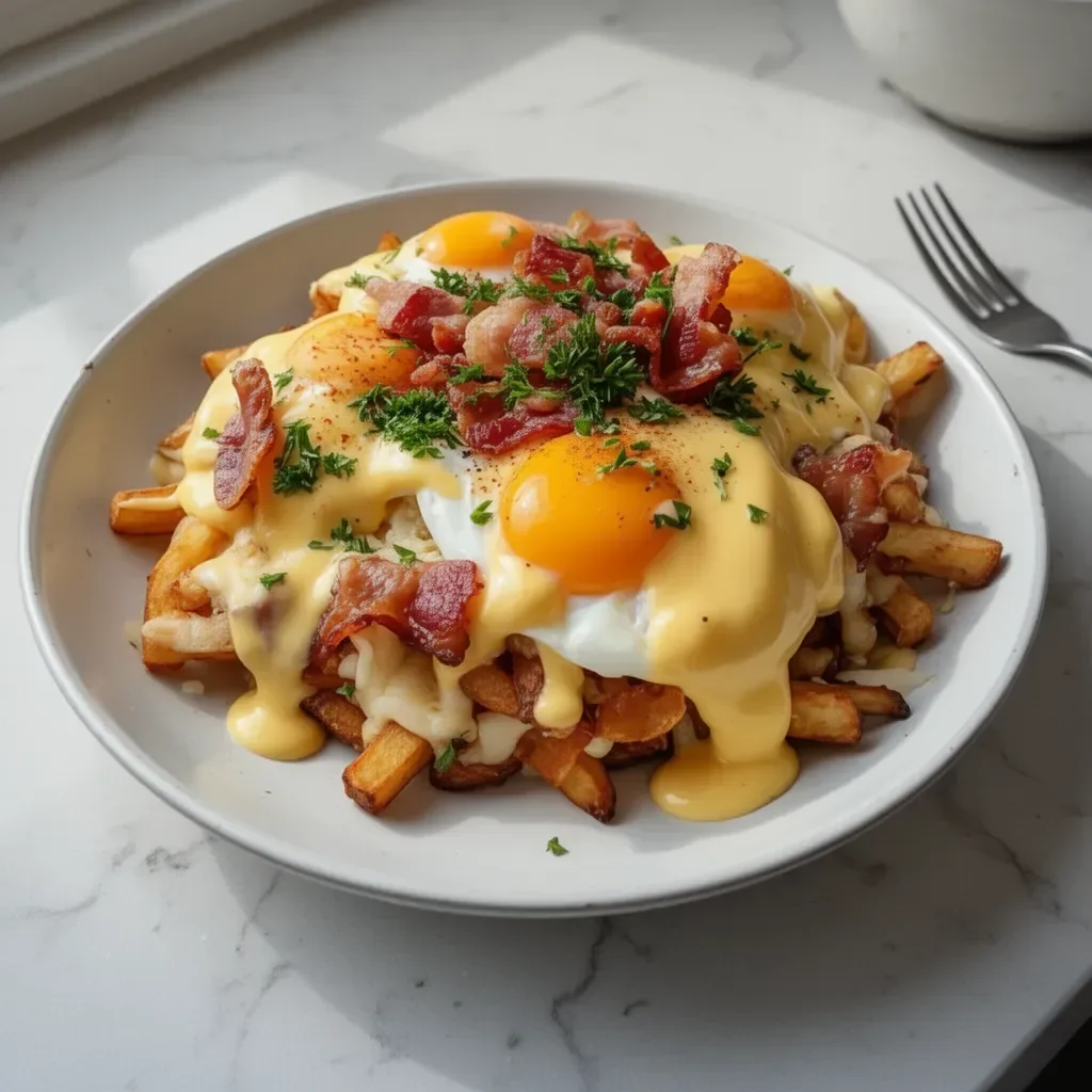 Delicious breakfast poutine topped with creamy hollandaise sauce.