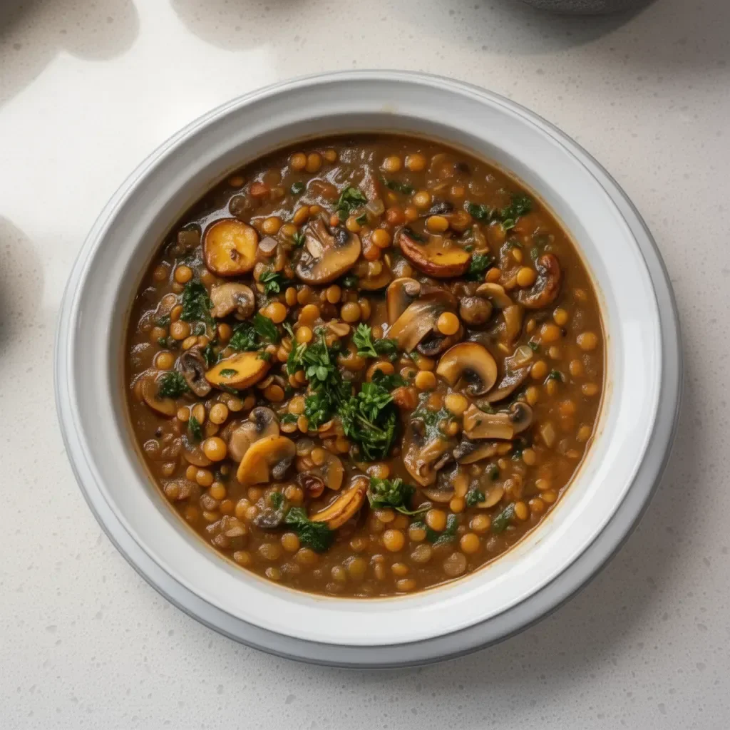 Bowl of Vegan Lentil Mushroom Stew rich in flavors and nutrients