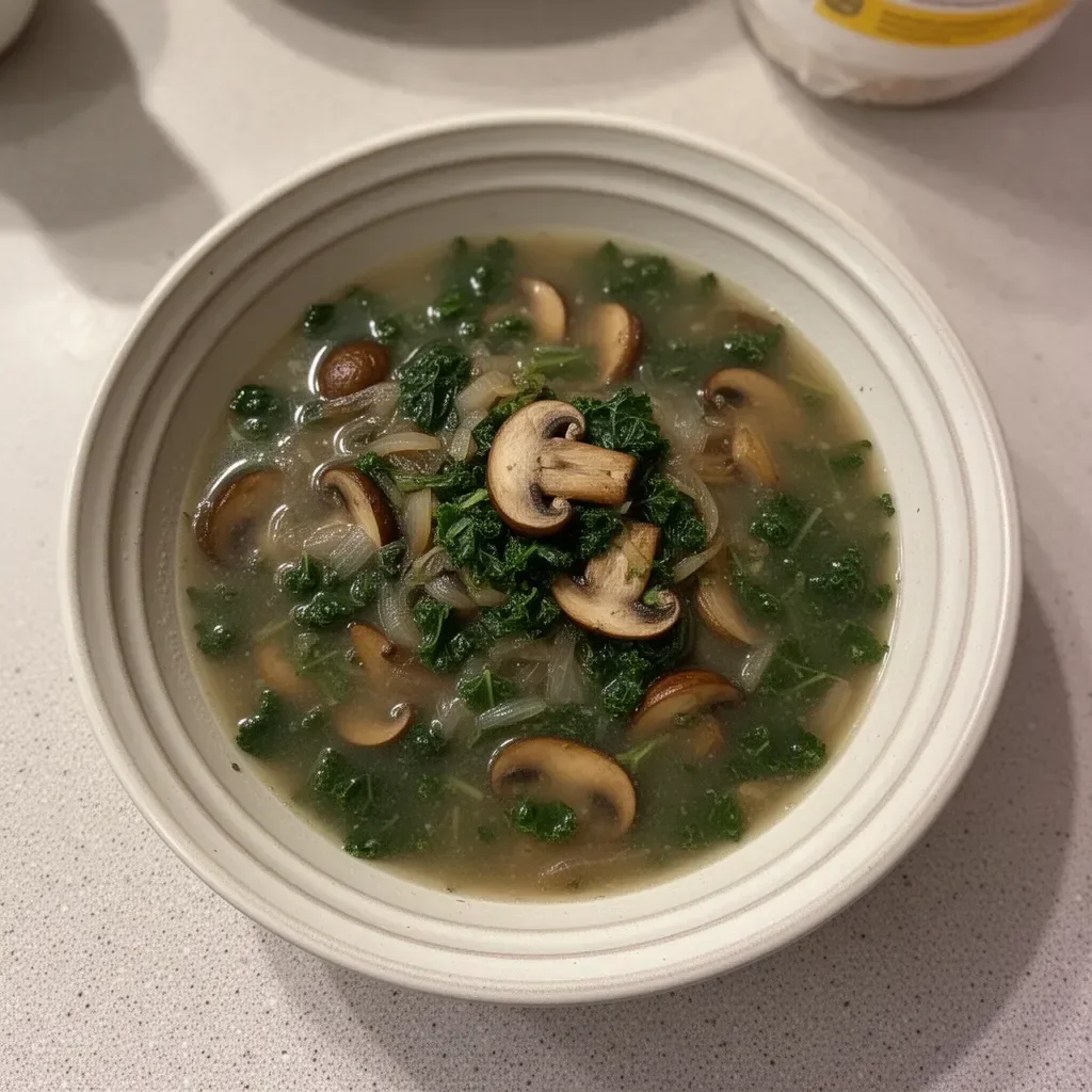 Wild mushroom soup with caramelized onion and kale served in a rustic bowl.