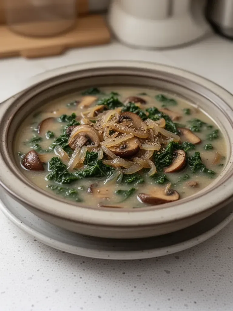 Warming Wild Mushroom, Caramelized Onion, and Kale Soup