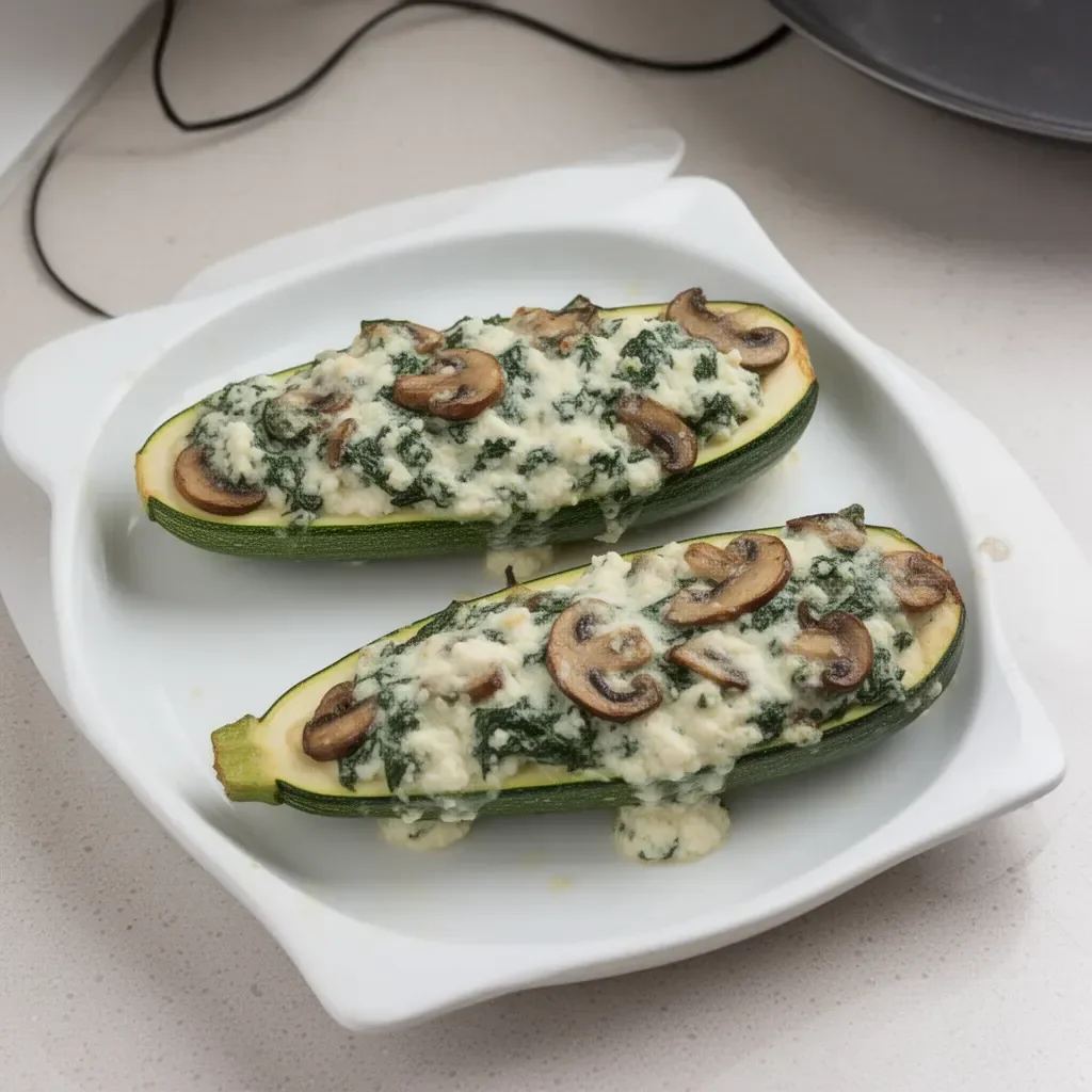 Zucchini boats filled with spinach, mushroom, and ricotta cheese