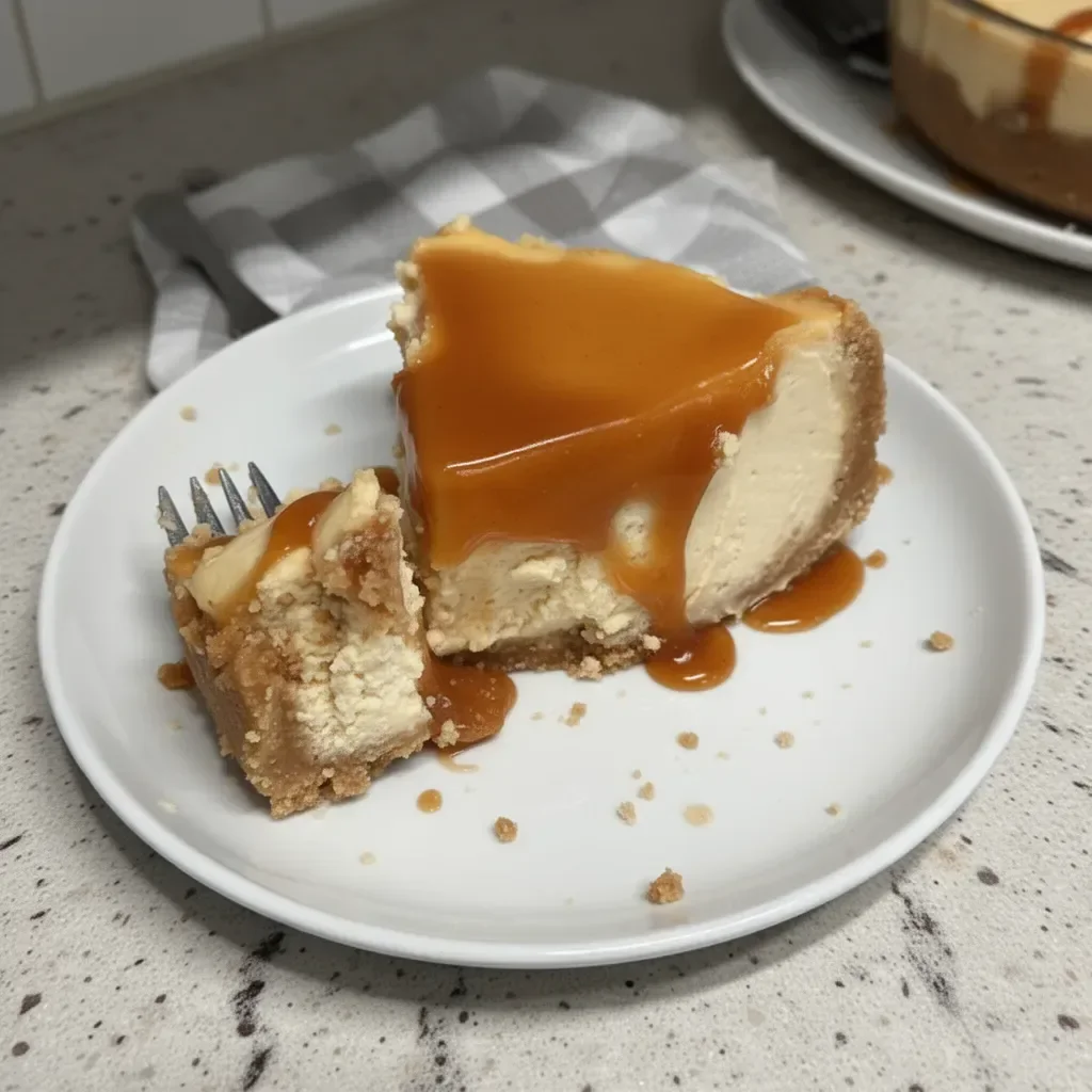 Delicious Apple Cider Cheesecake topped with caramel and apple slices