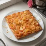 An elegant Apple Rose Tart with thinly sliced apple petals arranged in a beautiful rose pattern.