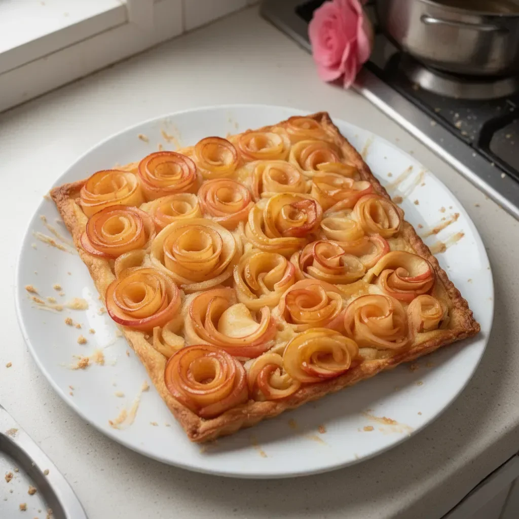 An elegant Apple Rose Tart with thinly sliced apple petals arranged in a beautiful rose pattern.