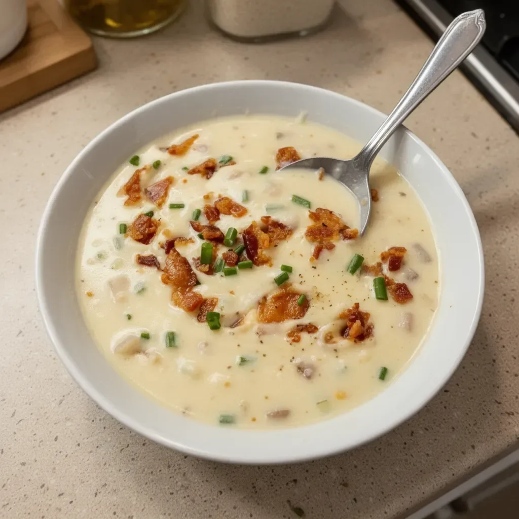 Creamy baked potato soup topped with cheese and chives served in a bowl