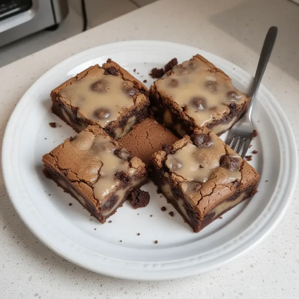 Homemade banana bread brownies topped with chocolate frosting