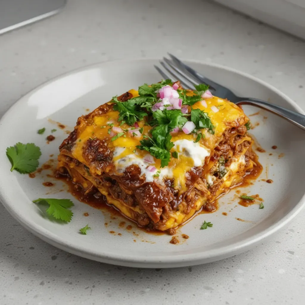 A delicious serving of cheesy birria lasagna ready for dipping.