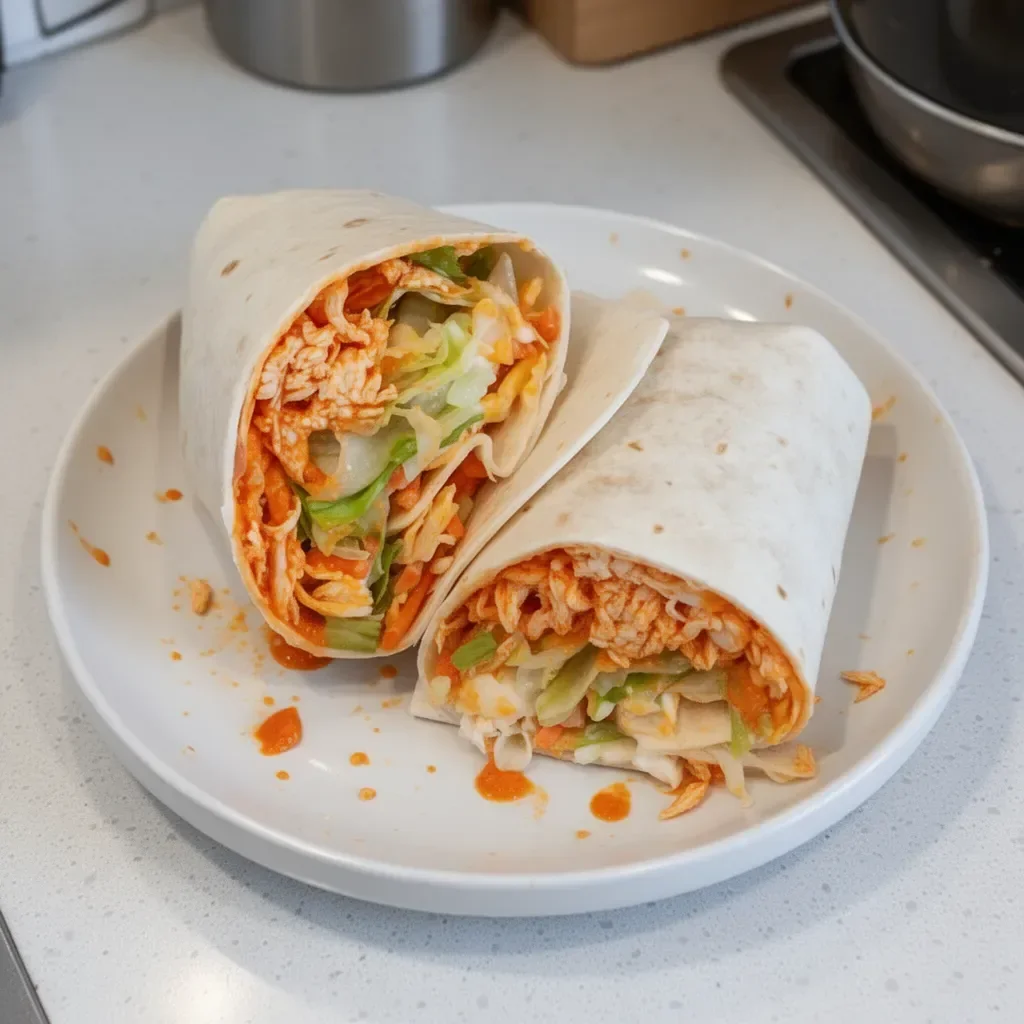 Buffalo Chicken Wrap ready to be served with fresh greens and dipping sauce