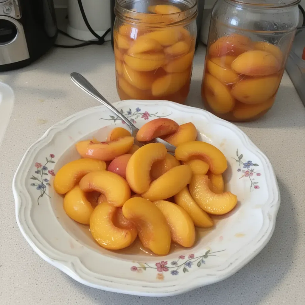 Jars of canned peaches in light syrup on a wooden table