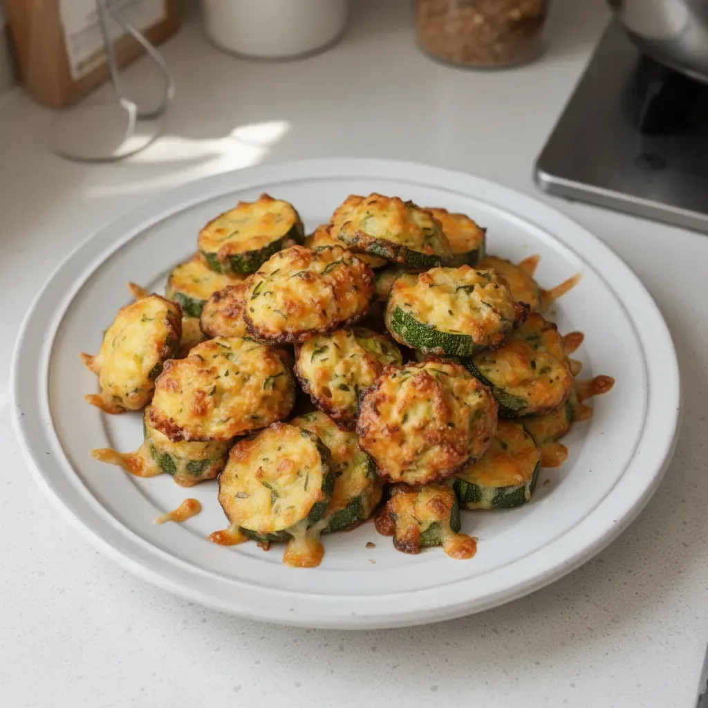 Cheesy baked zucchini bites served on a plate with herbs.
