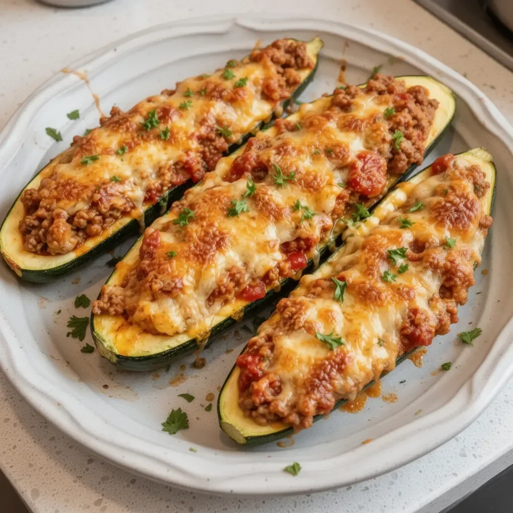 Cheesy ground beef stuffed zucchini boats topped with cheese and herbs
