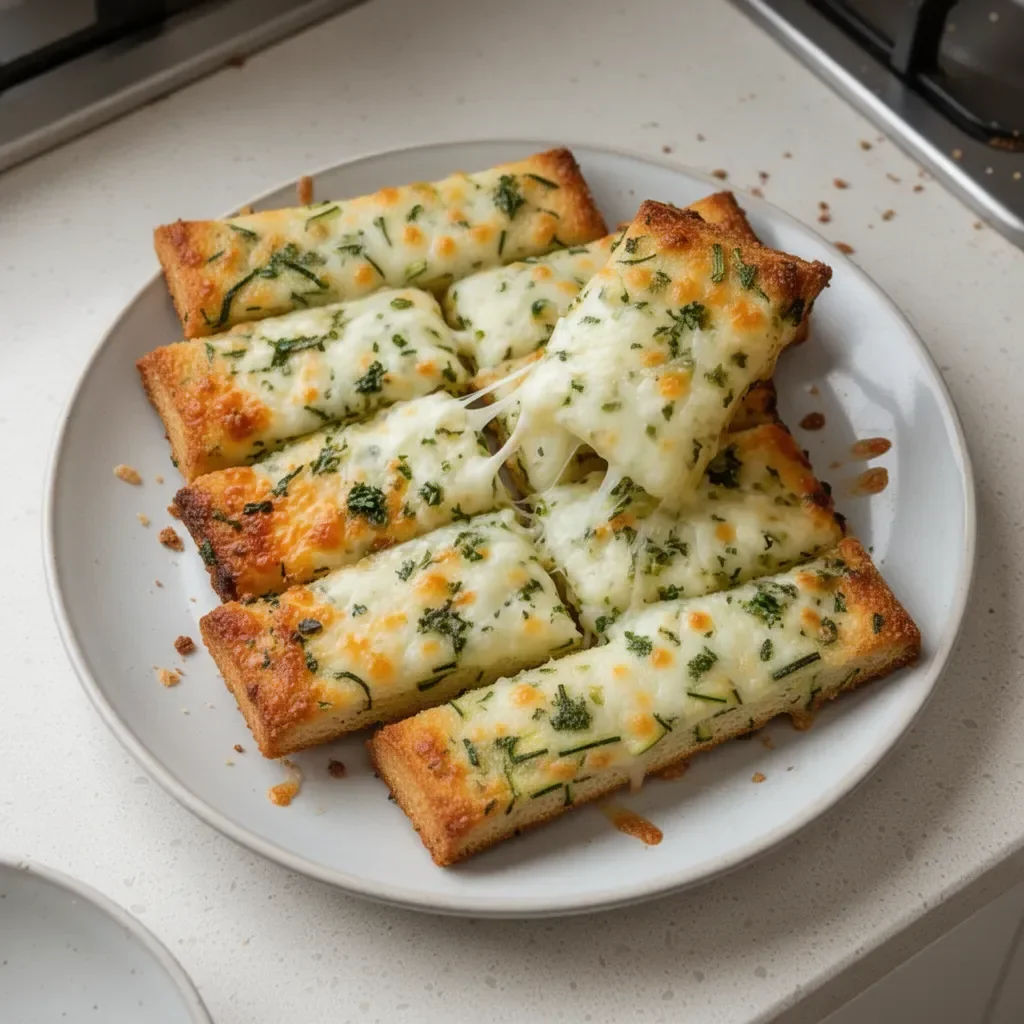 Cheesy zucchini breadsticks served on a plate with marinara sauce for dipping