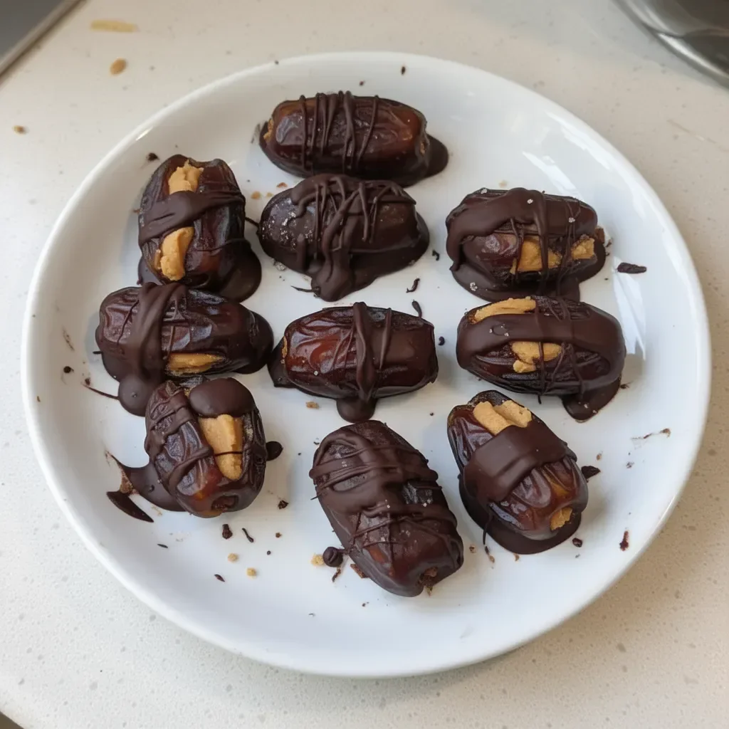 Delicious chocolate-covered peanut butter stuffed dates on a plate