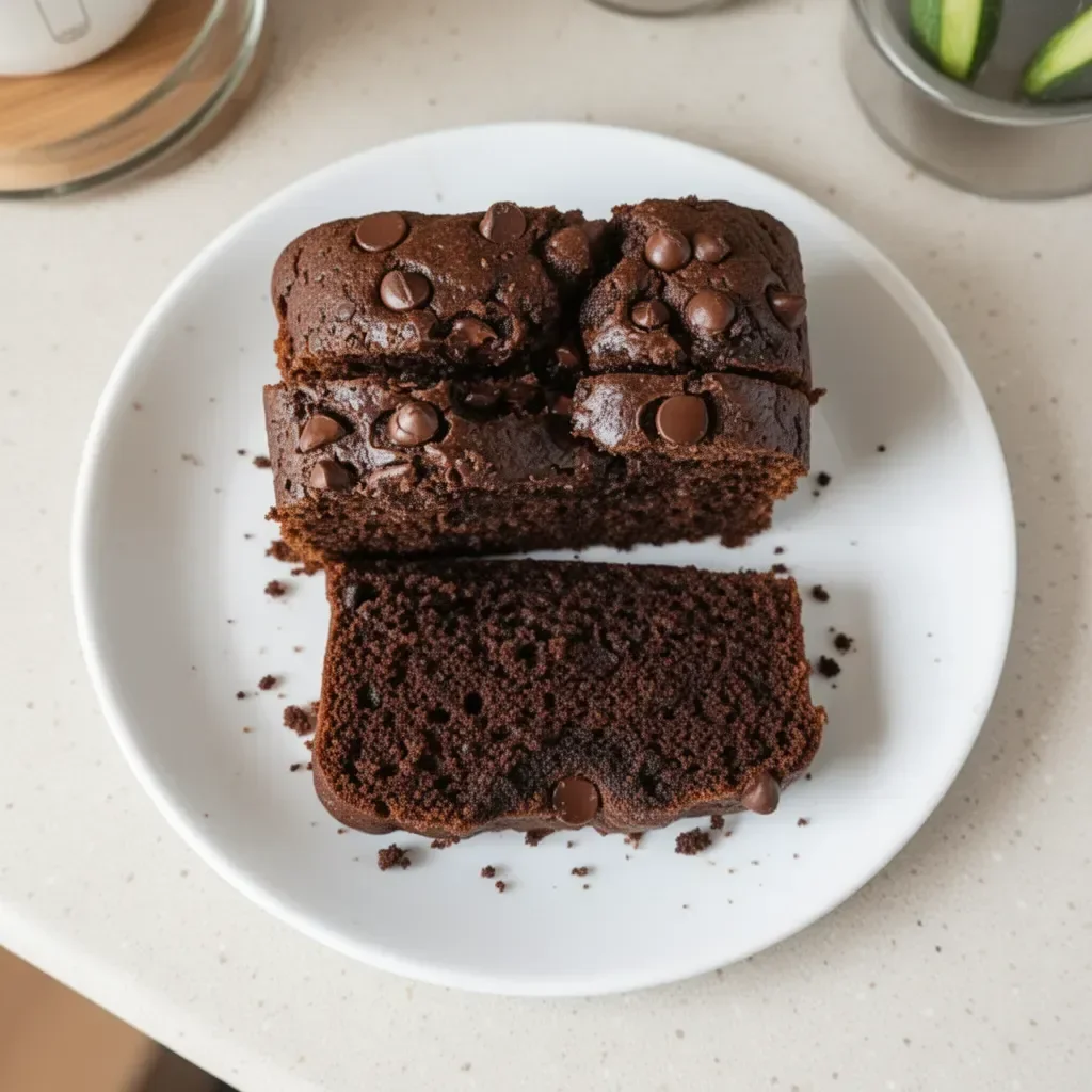 Deliciously moist chocolate zucchini bread slice on a wooden board