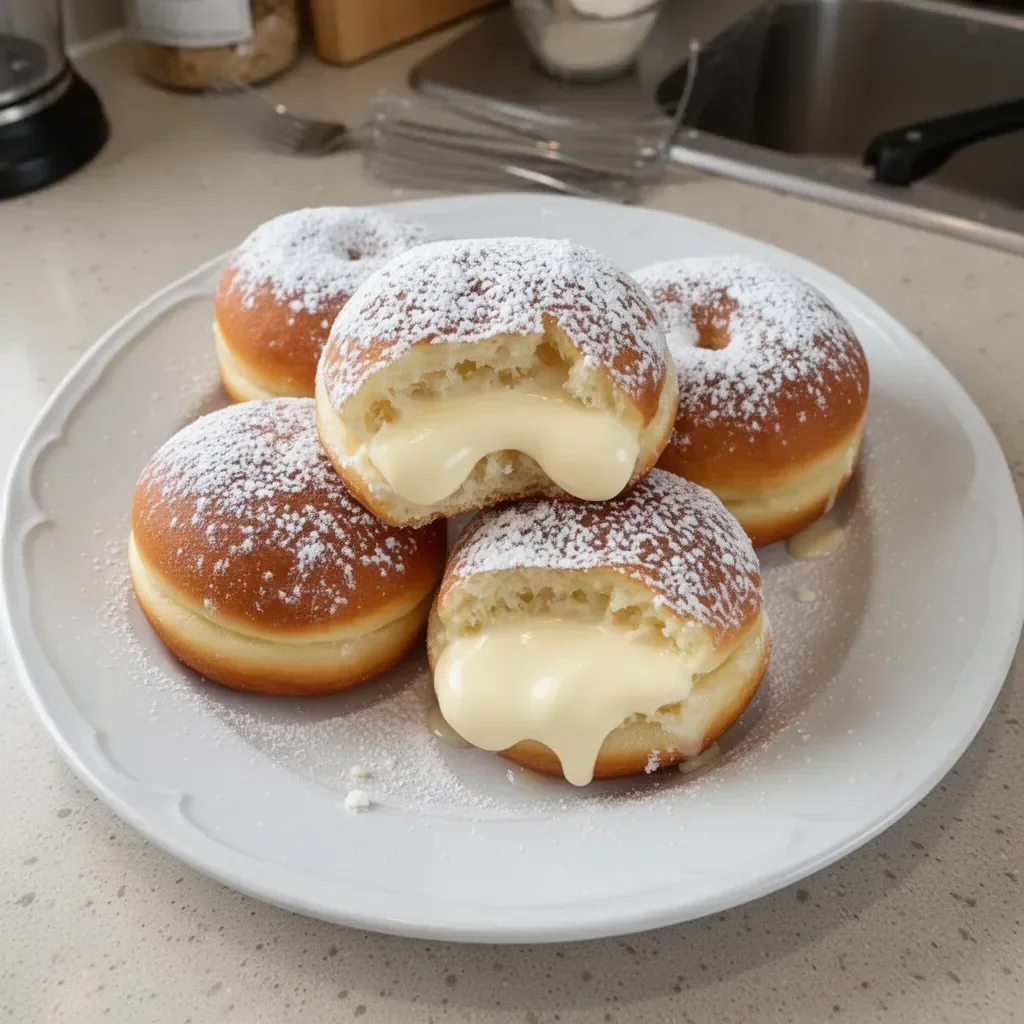 Delicious classic Italian cream donuts with sweet cream filling and sugar topping