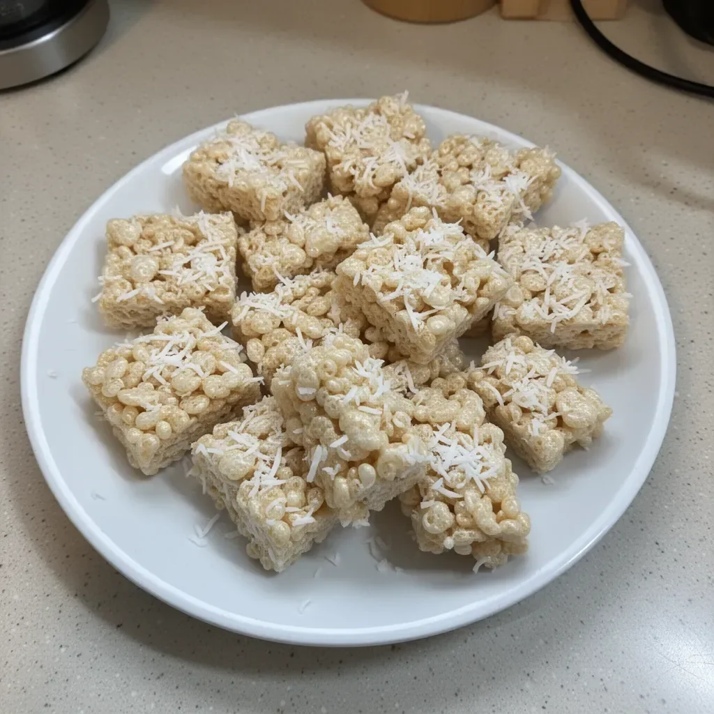 Delicious Coconut Rice Krispy Treats on a plate garnished with coconut flakes.