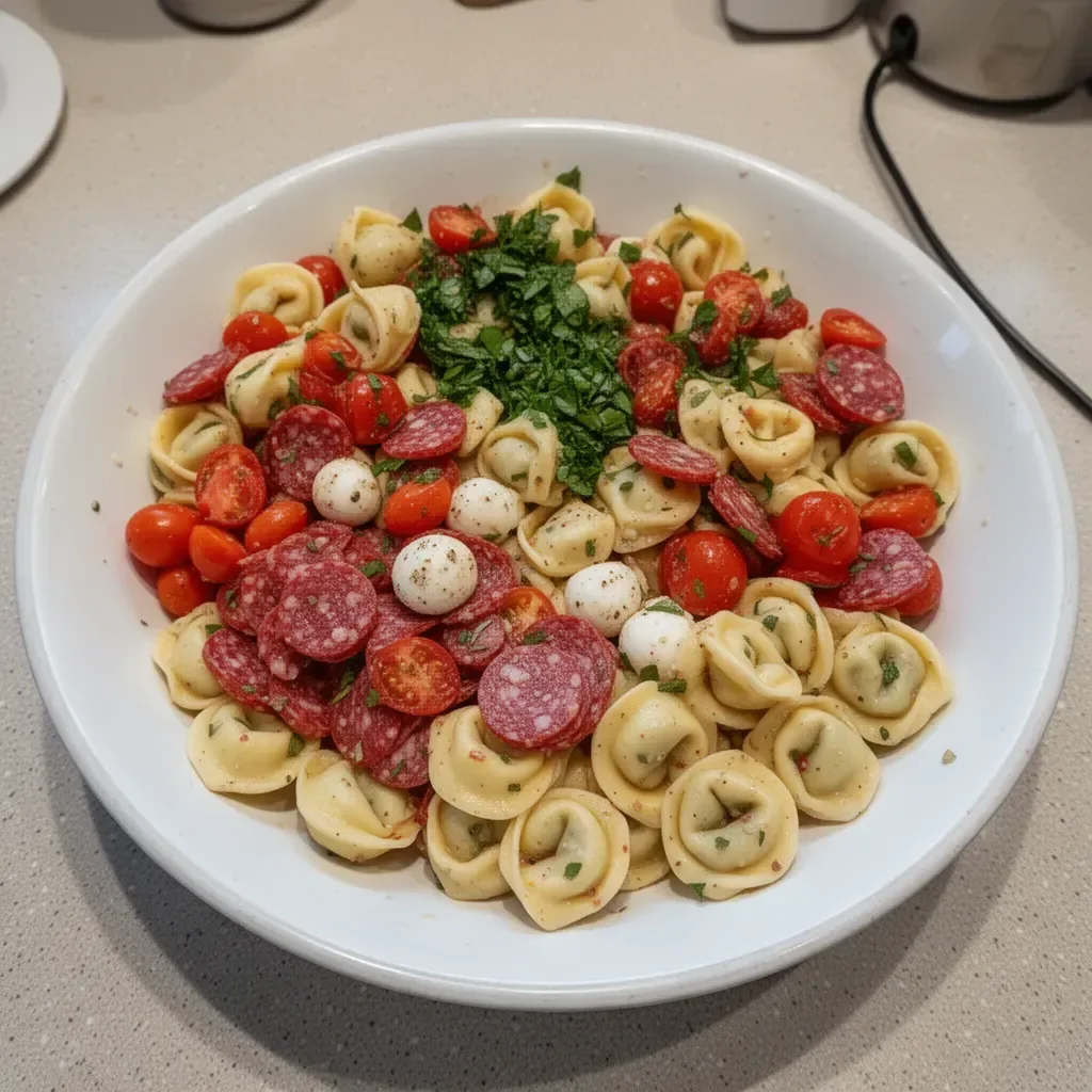 Delicious cold tortellini pasta salad with colorful vegetables and dressing