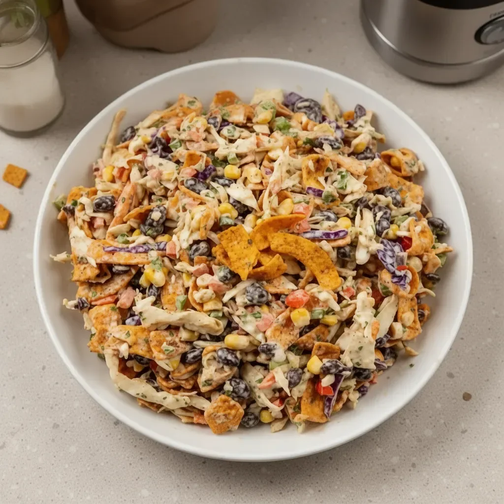 A colorful Cowboy Salad with beans, corn, tomatoes, and avocado in a bowl.