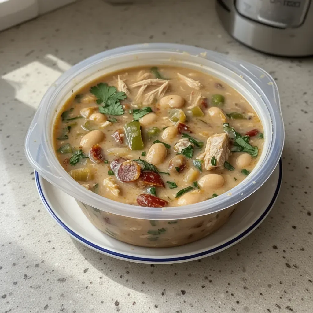 Bowl of cozy Cajun White Chicken Chili garnished with herbs