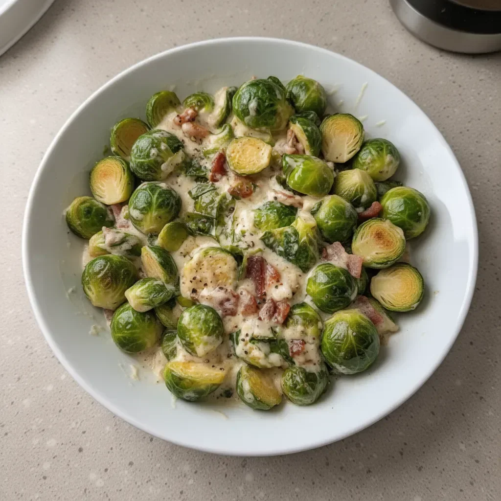 Creamy Brussels sprouts with crispy bacon dish