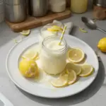 Refreshing creamy frozen lemonade served in a glass with lemon slices