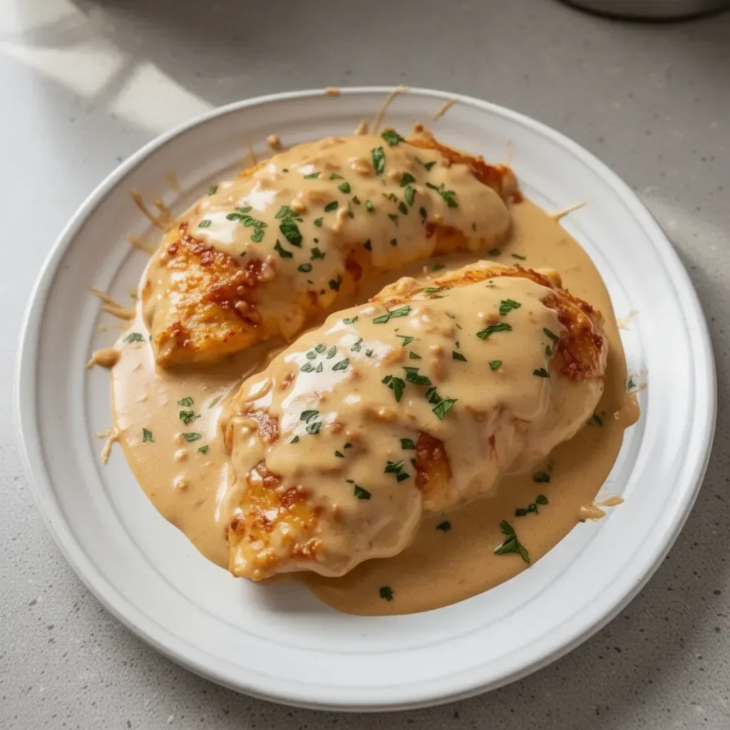 Delicious creamy peanut chicken dish served on a plate