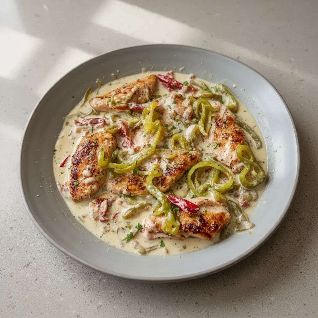 Creamy Pepperoncini Chicken Skillet with tender chicken and jalapeño