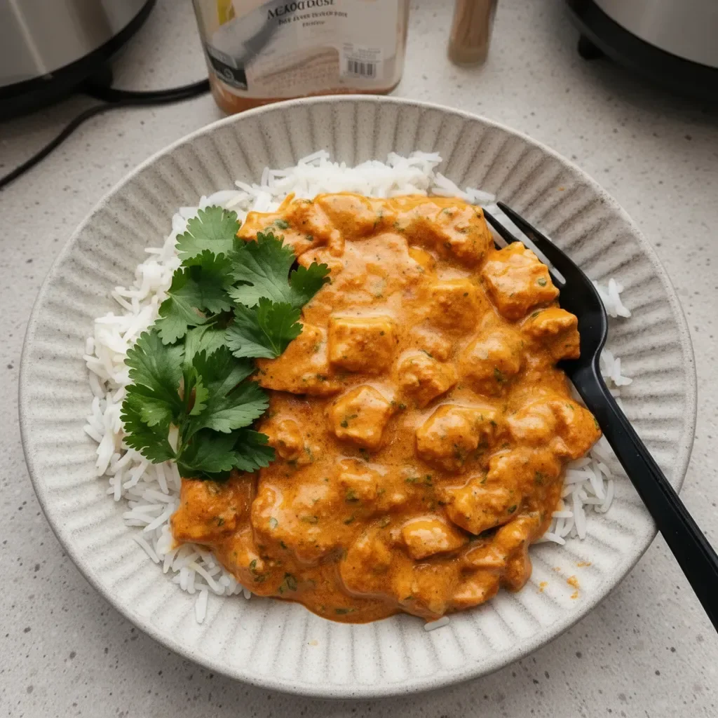 Delicious crockpot butter chicken served with rice and cilantro