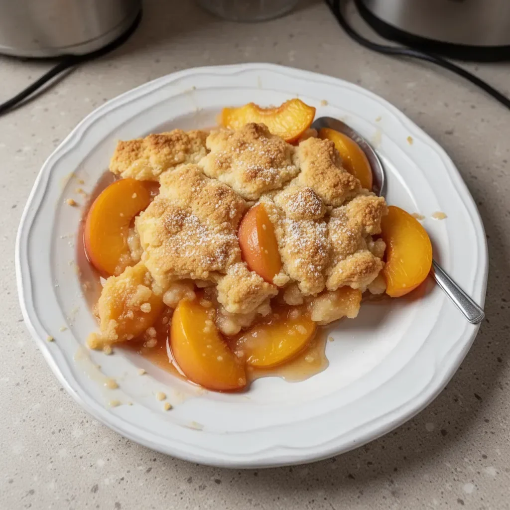 Delicious easy peach cobbler served in a dish with fresh peaches