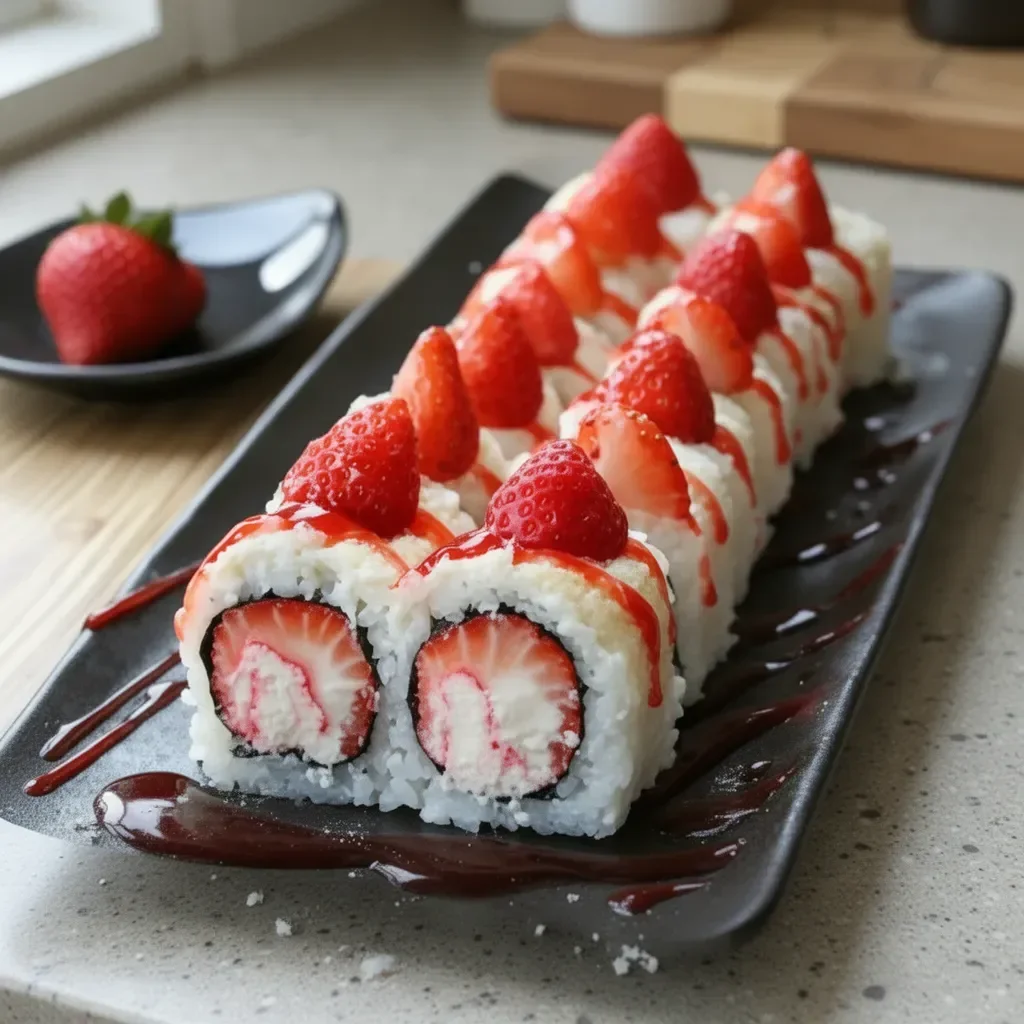 Delicious strawberry shortcake sushi rolls made with fresh strawberries and cream