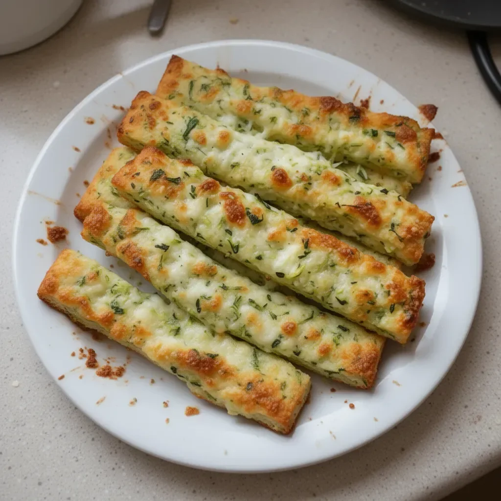 Delicious easy zucchini breadsticks served on a plate.