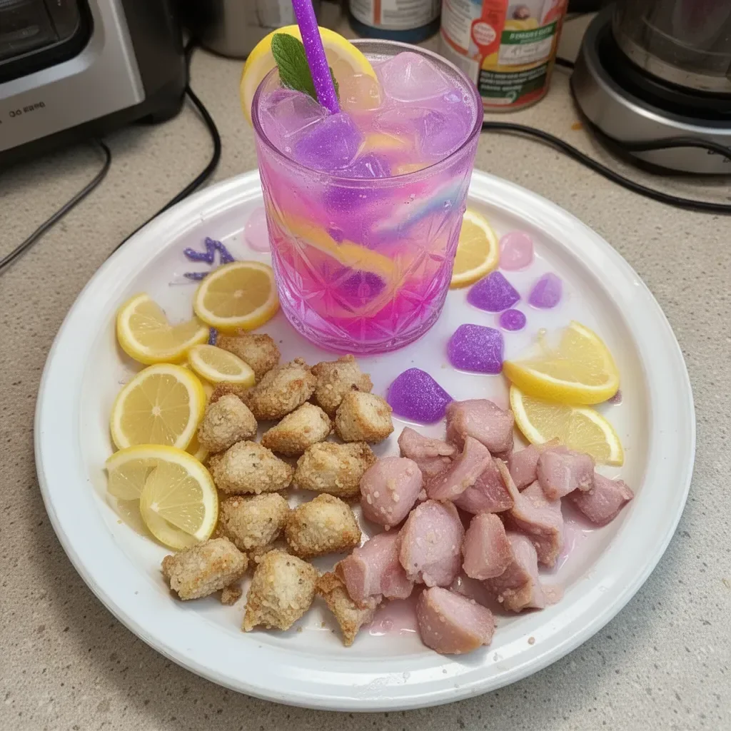 Glass of Enchanted Unicorn Lemonade with colorful fruits and sparkles