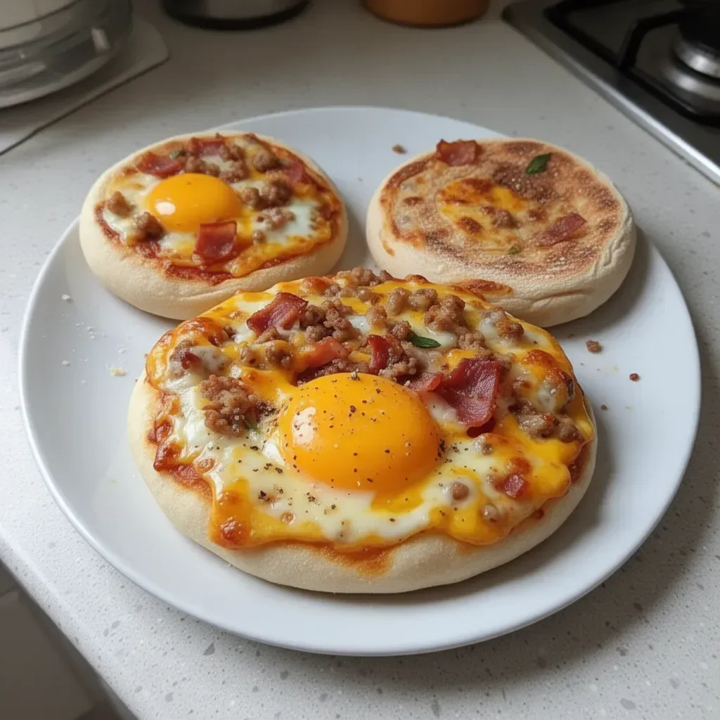Delicious English Muffin Breakfast Pizza topped with egg, cheese, and veggies