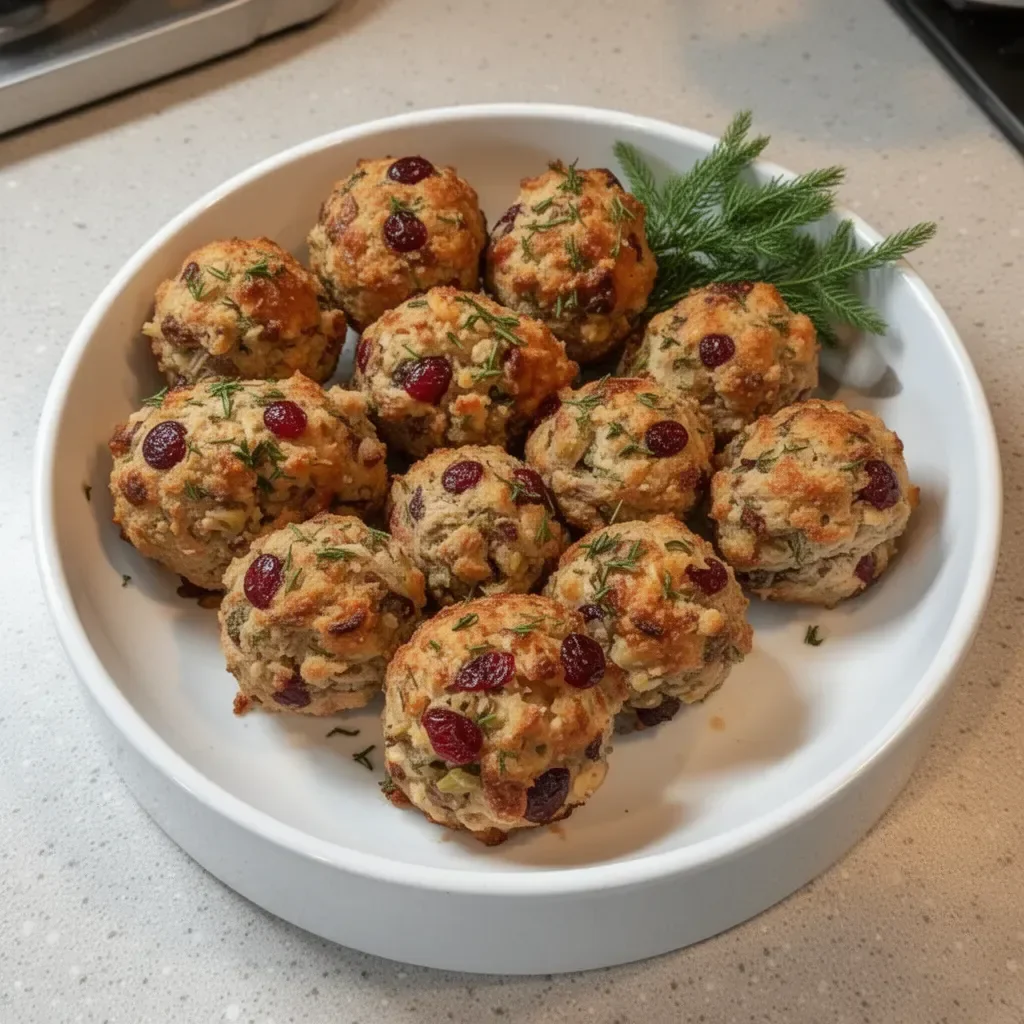 Festive Cranberry Turkey Stuffing Balls ready to serve at a holiday meal.