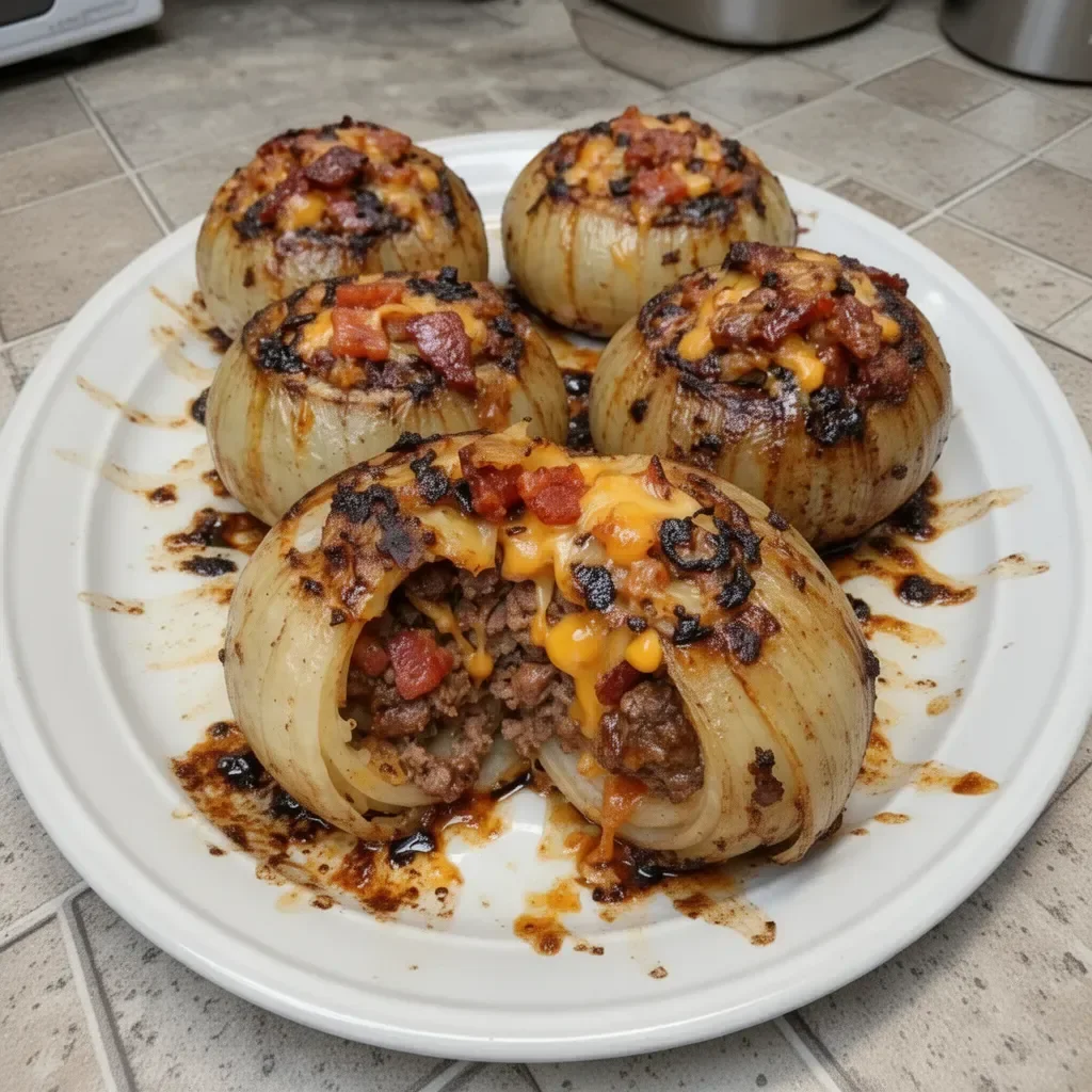 Delicious Firecracker Bacon Cheddar Cheeseburger Stuffed Onion Bombs on a platter