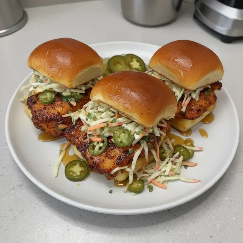 Delicious Nashville Hot Honey Chicken Sliders with pickled jalapeño slaw