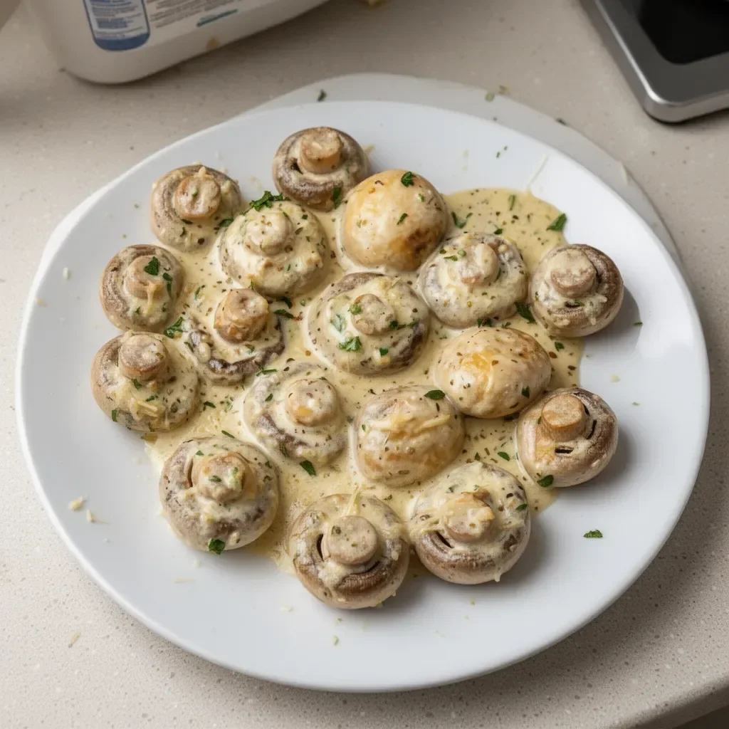 Plate of Garlic Parmesan Mushrooms garnished with herbs