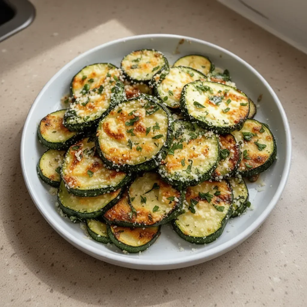 A plate of Garlic Parmesan Roasted Zucchini garnished with fresh herbs