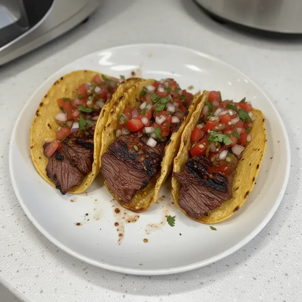 Grilled beef tacos served with salsa fresca on a plate