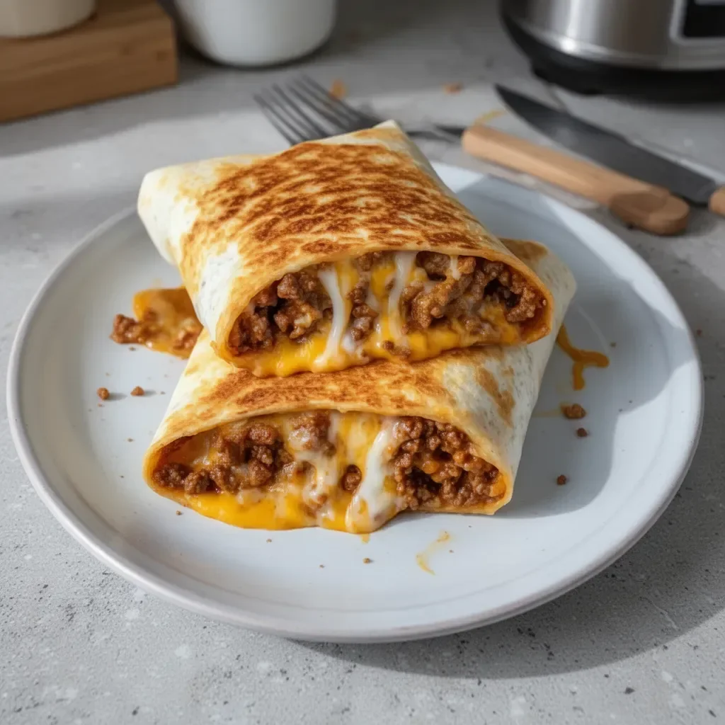 Delicious grilled cheese burrito featuring melted cheese in a crispy tortilla