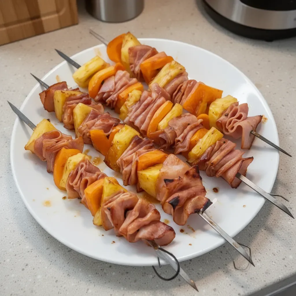 Grilled ham and pineapple skewers on a plate, perfect for summer barbecues.