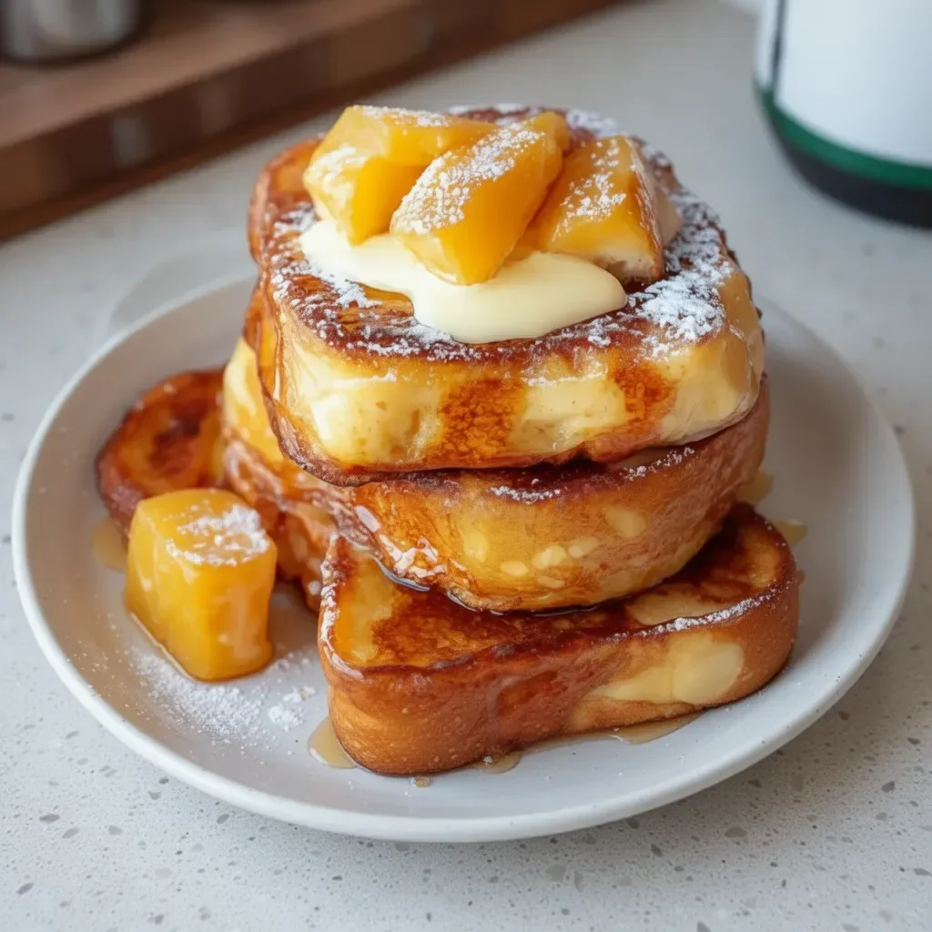 A plate of Hawaiian Roll French Toast topped with syrup and fruit.