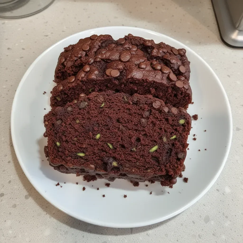 Healthy chocolate zucchini bread fresh out of the oven with zucchini and chocolate chips