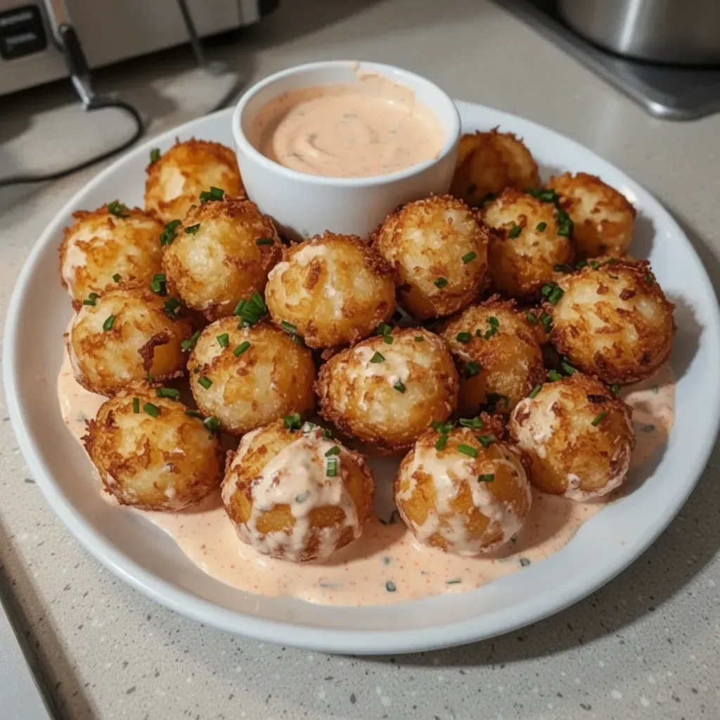 Crispy deep fried onion balls with Cajun ranch sauce served on a platter