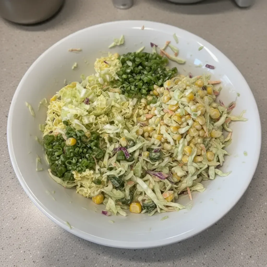 Bowl of jalapeño corn coleslaw with fresh ingredients