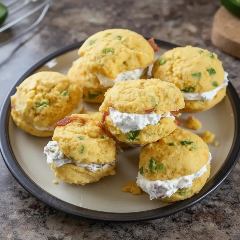 Jalapeno cornbread whoopie pies filled with bacon and goat cheese