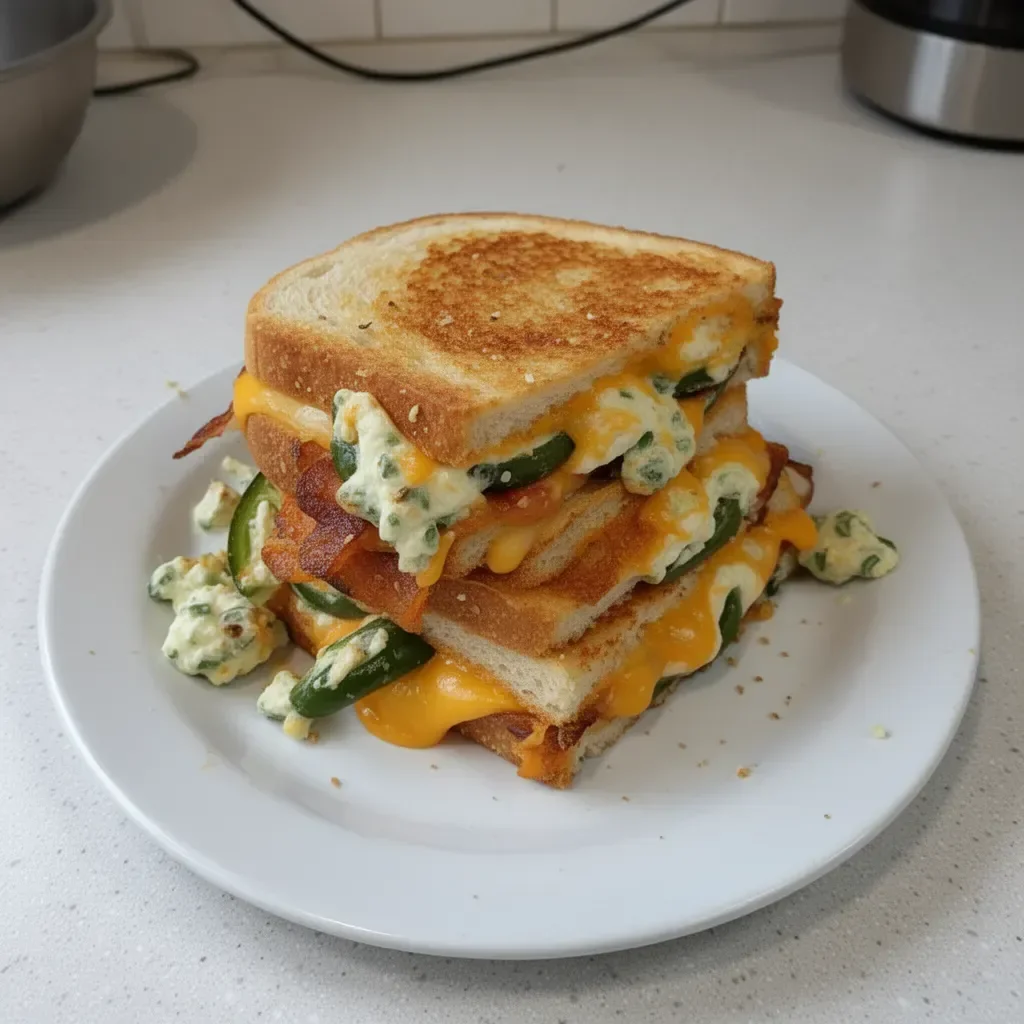 A delicious jalapeno popper grilled cheese sandwich with melted cheese and jalapenos